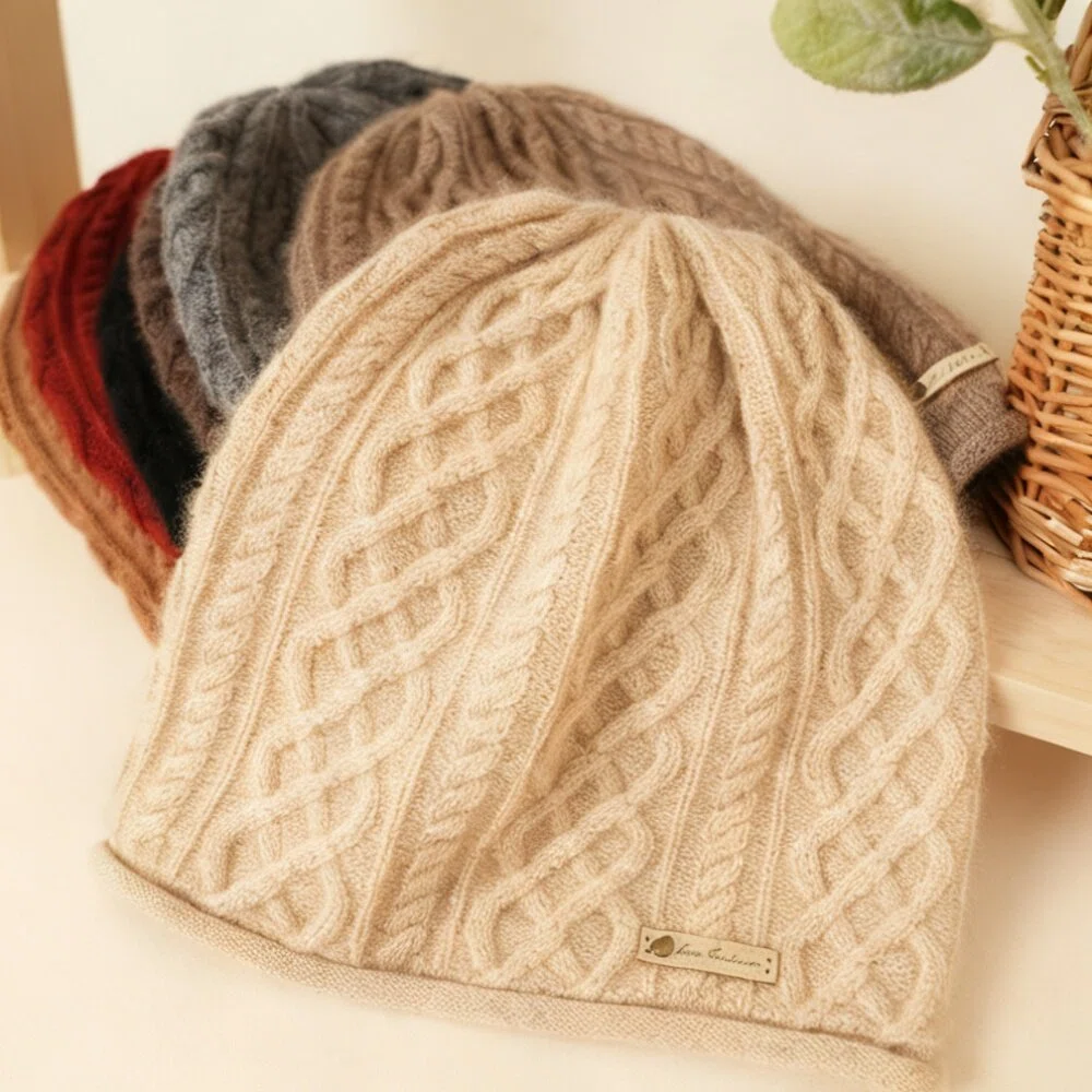 Pure Cashmere Cuffed Cable Knit Hat, Warm for Autumn and Winter