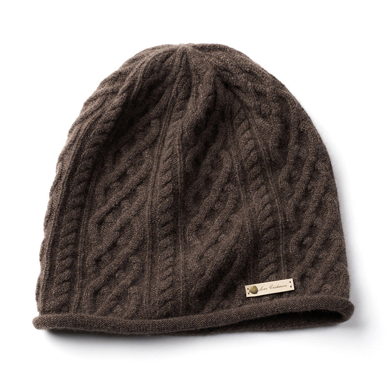 Pure Cashmere Cuffed Cable Knit Hat, Warm for Autumn and Winter