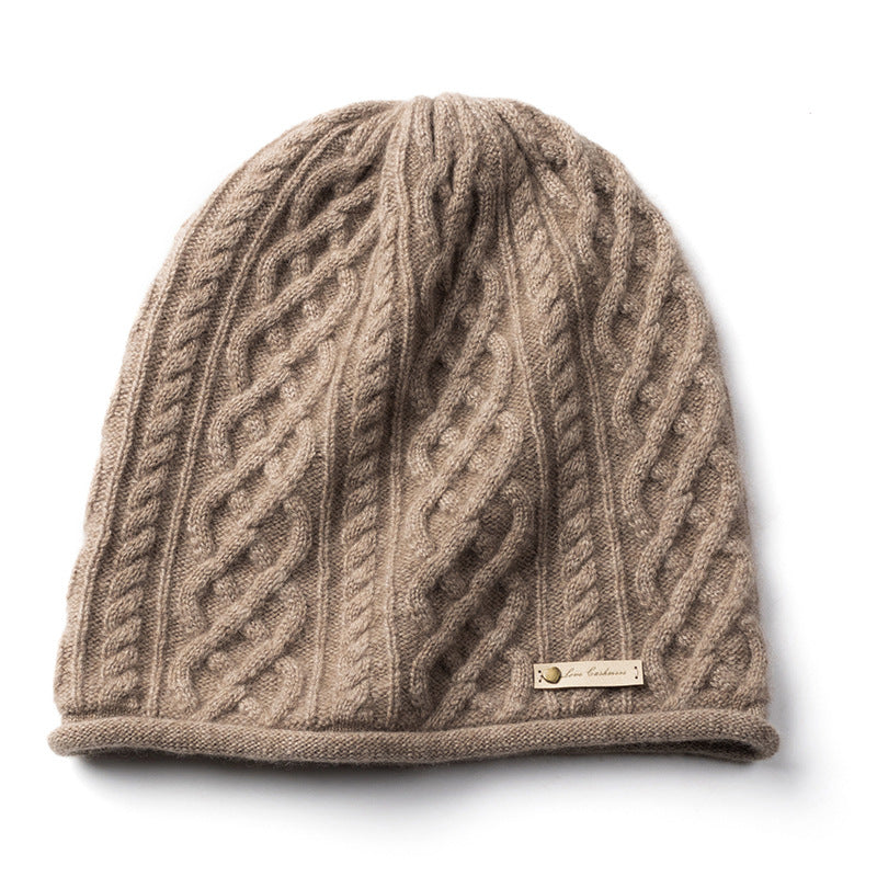 Pure Cashmere Cuffed Cable Knit Hat, Warm for Autumn and Winter