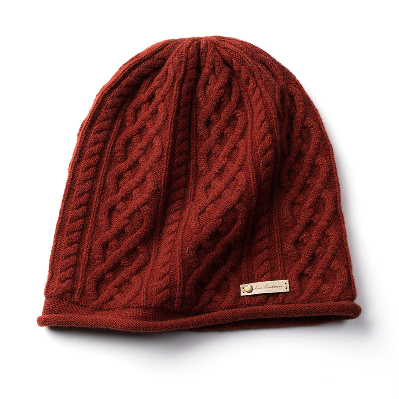 Pure Cashmere Cuffed Cable Knit Hat, Warm for Autumn and Winter