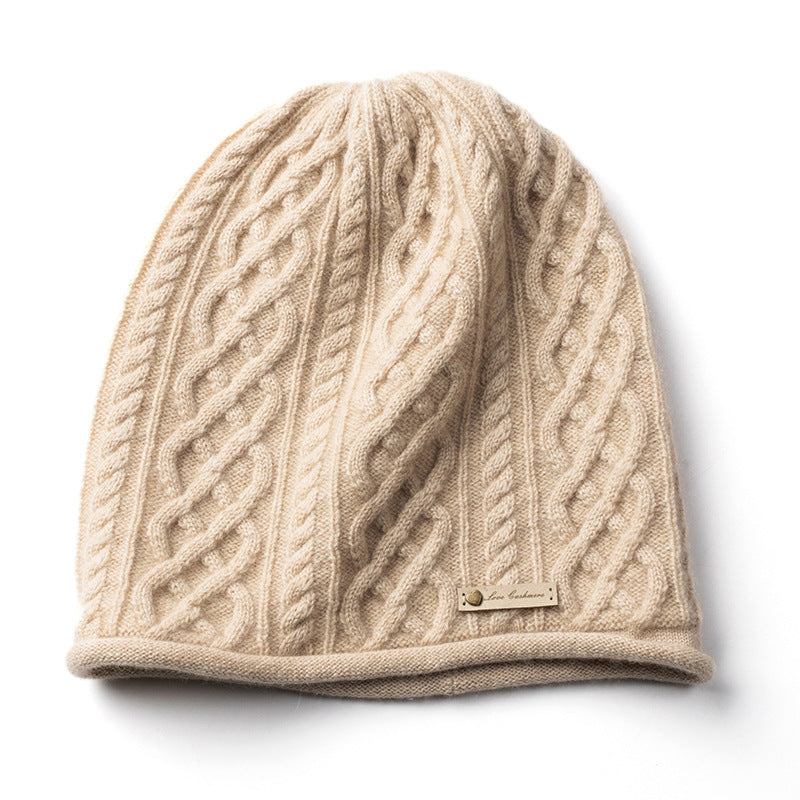 Pure Cashmere Cuffed Cable Knit Hat, Warm for Autumn and Winter