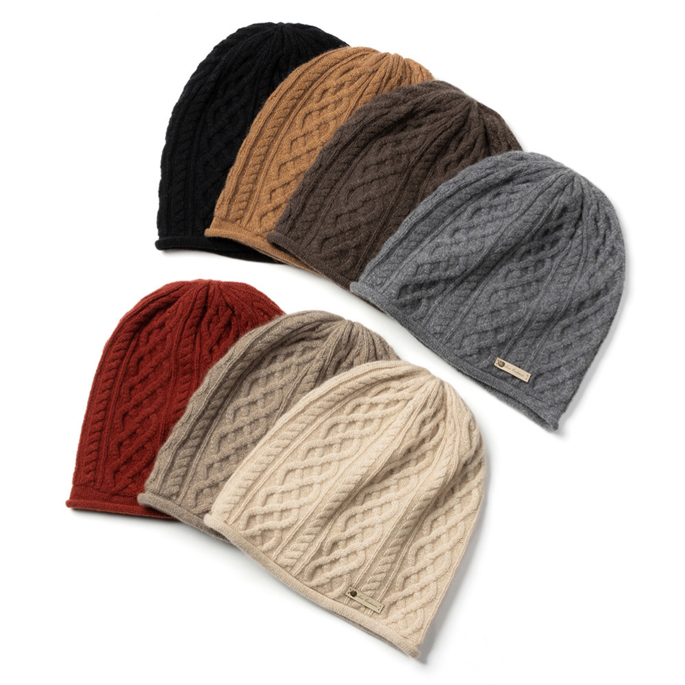 Pure Cashmere Cuffed Cable Knit Hat, Warm for Autumn and Winter