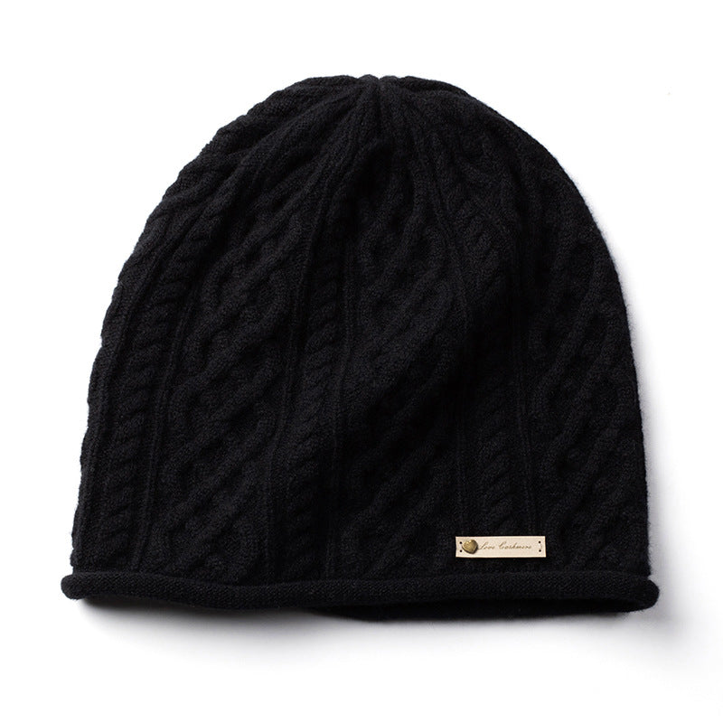 Pure Cashmere Cuffed Cable Knit Hat, Warm for Autumn and Winter